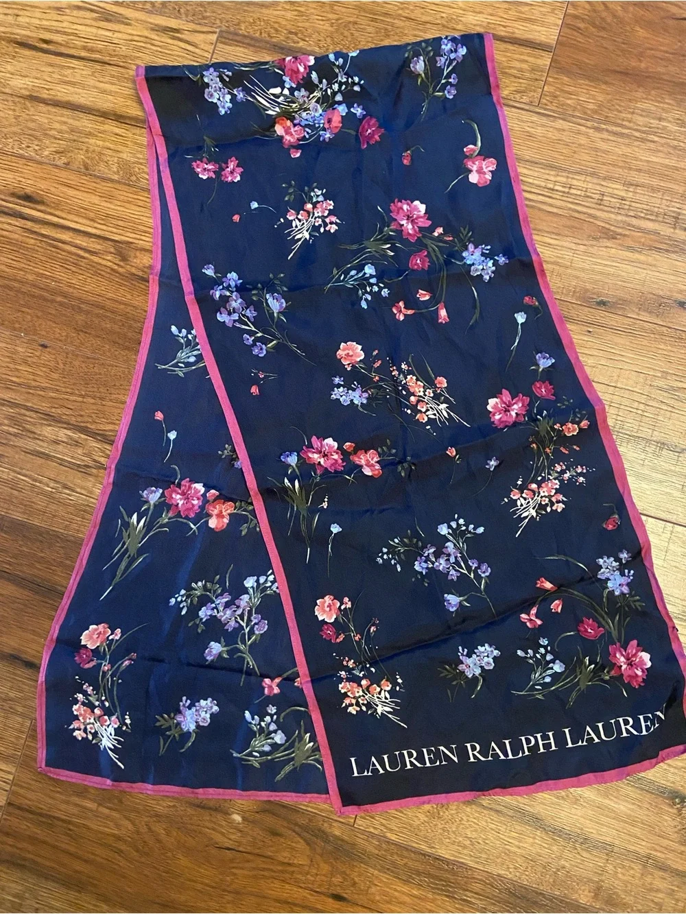 Lauren Ralph Lauren Silk Scarf Navy Floral Pink Trim “Laura” Spell Out Of Stock
